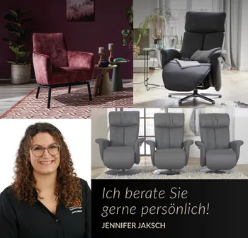 Verschiedene Sessel unterschiedlicher Materialien in Collage mit Bild von Mitarbeiterin von Moebel Reichenberger.